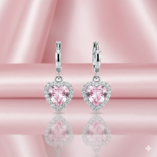 Soft Heart Pink Halo Sterling Silver Drop Earrings