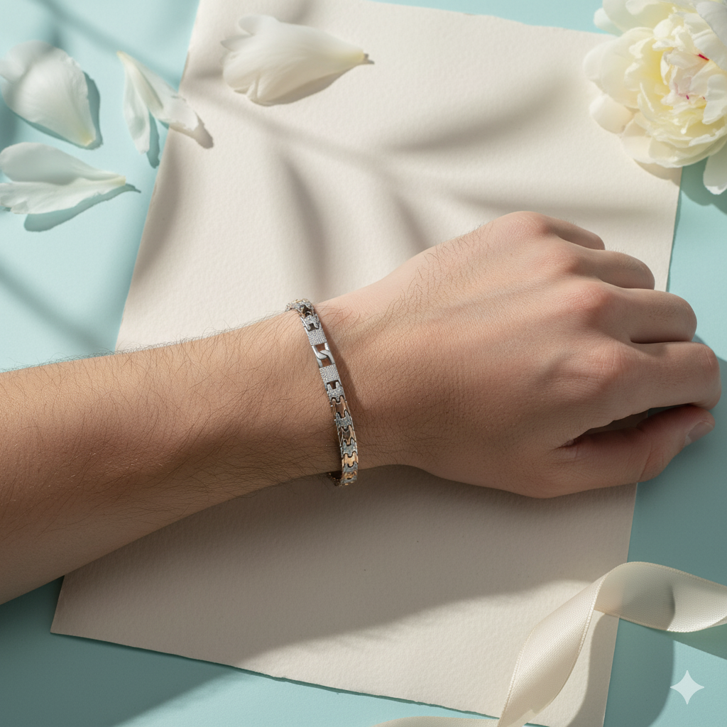 Sterling Silver and Rose Gold Men's Geometric Link Bracelet