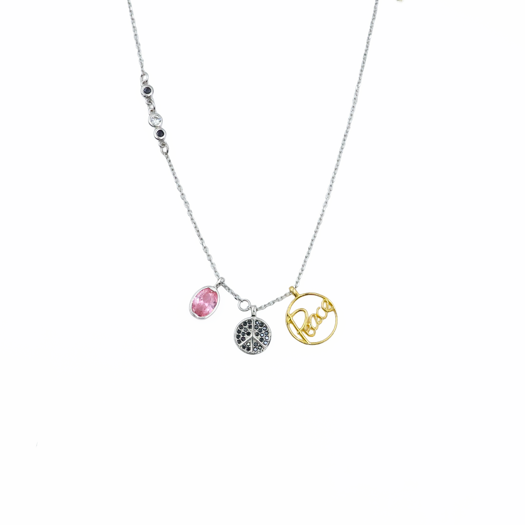 Multi-Charm Sterling Silver Pendant Chain – Love, Peace & Gemstone