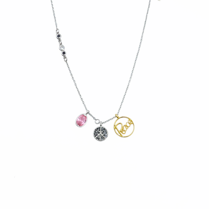 Multi-Charm Sterling Silver Pendant Chain – Love, Peace & Gemstone