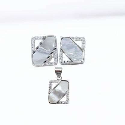 Sterling Silver Geometric Shell Pendant Set