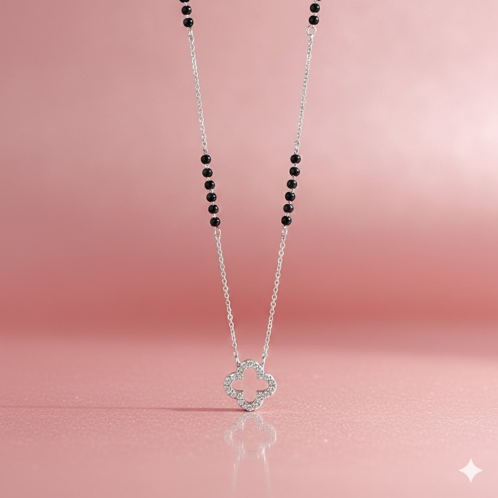 Clover Outline Silver Mangalsutra Pendant