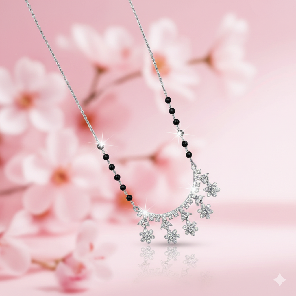 Crescent Bloom Silver Mangalsutra Pendant