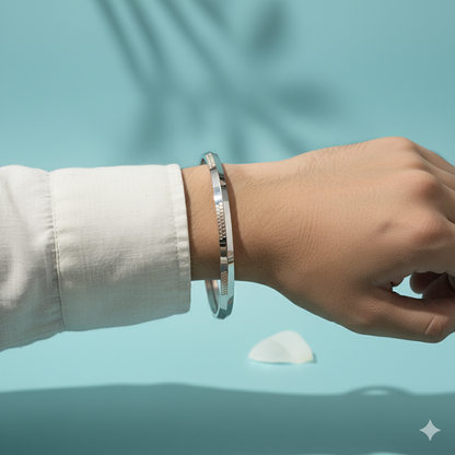 Sterling Silver Geometric Bangle with Rose Gold Accents