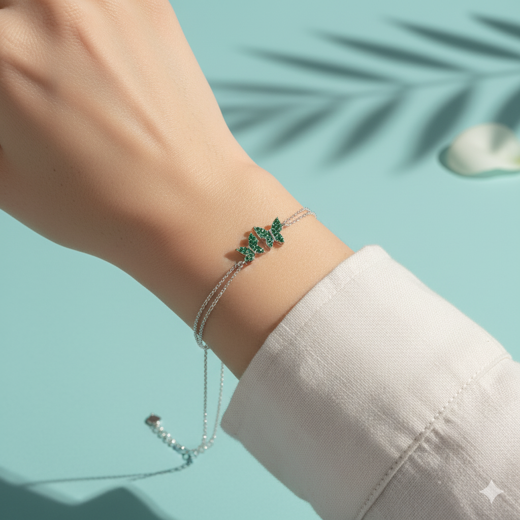 Emerald Leaf Whisper Sterling Silver Bracelet