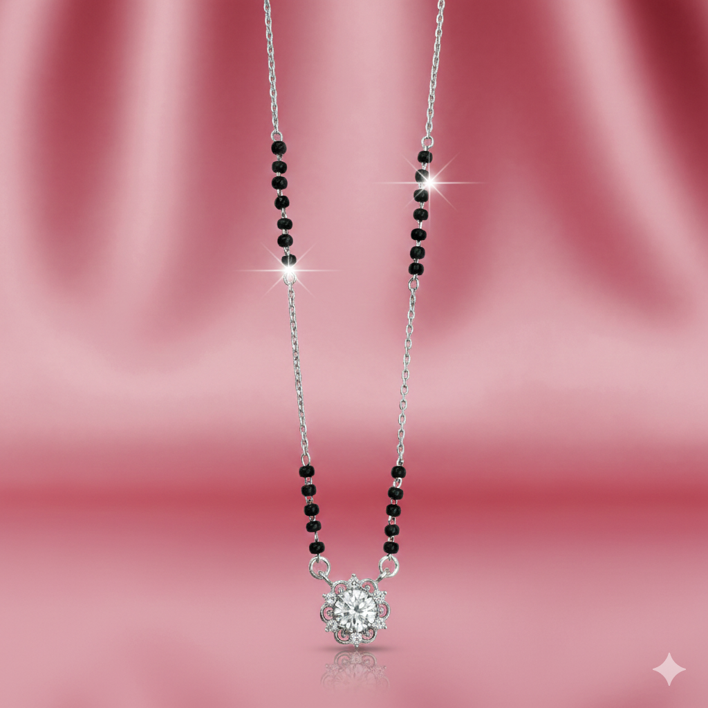 Floral Halo Spark Silver Mangalsutra Pendant