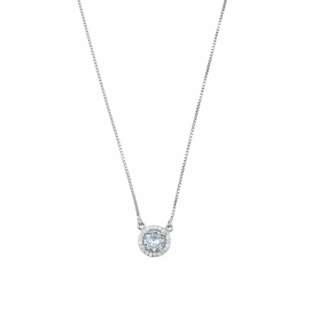 Classic Solitaire Halo Silver Chain Pendant