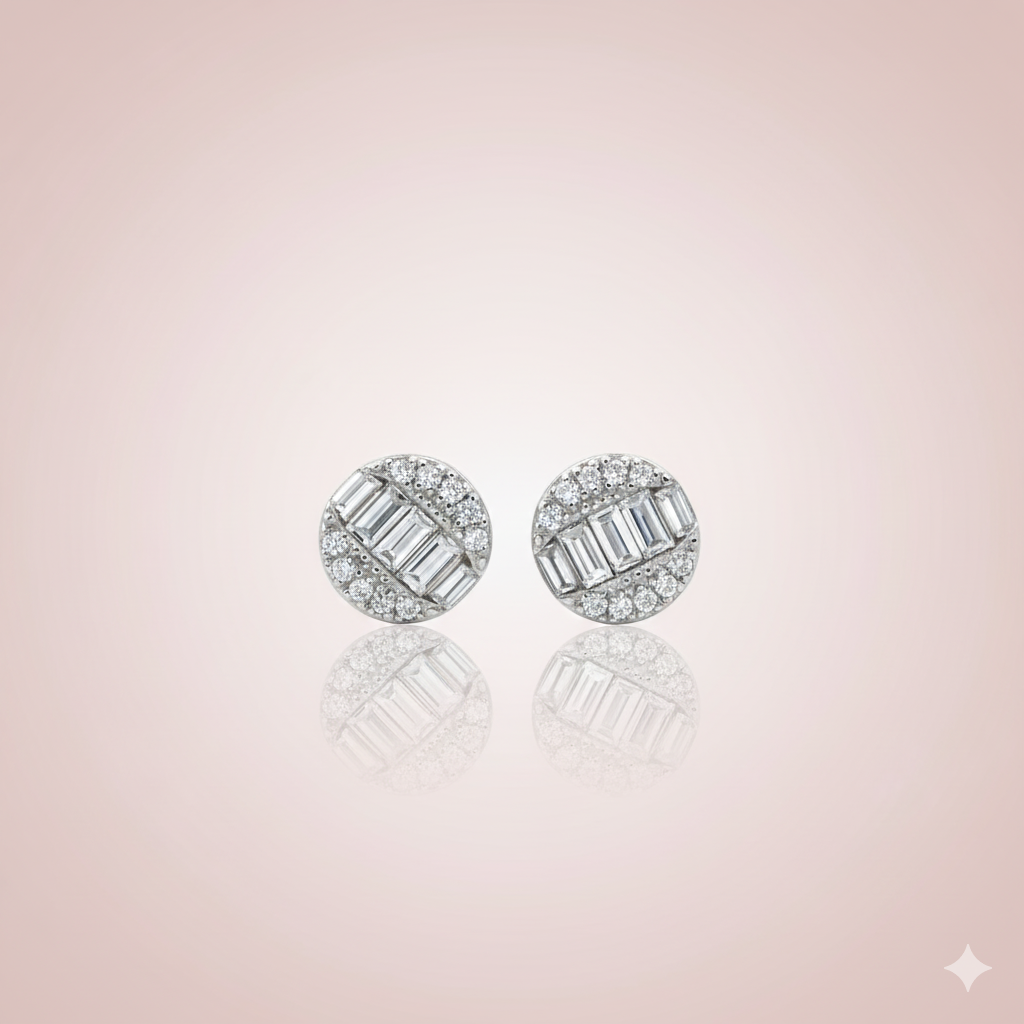Linea Baguette Pavé Disc Sterling Silver Stud Earrings