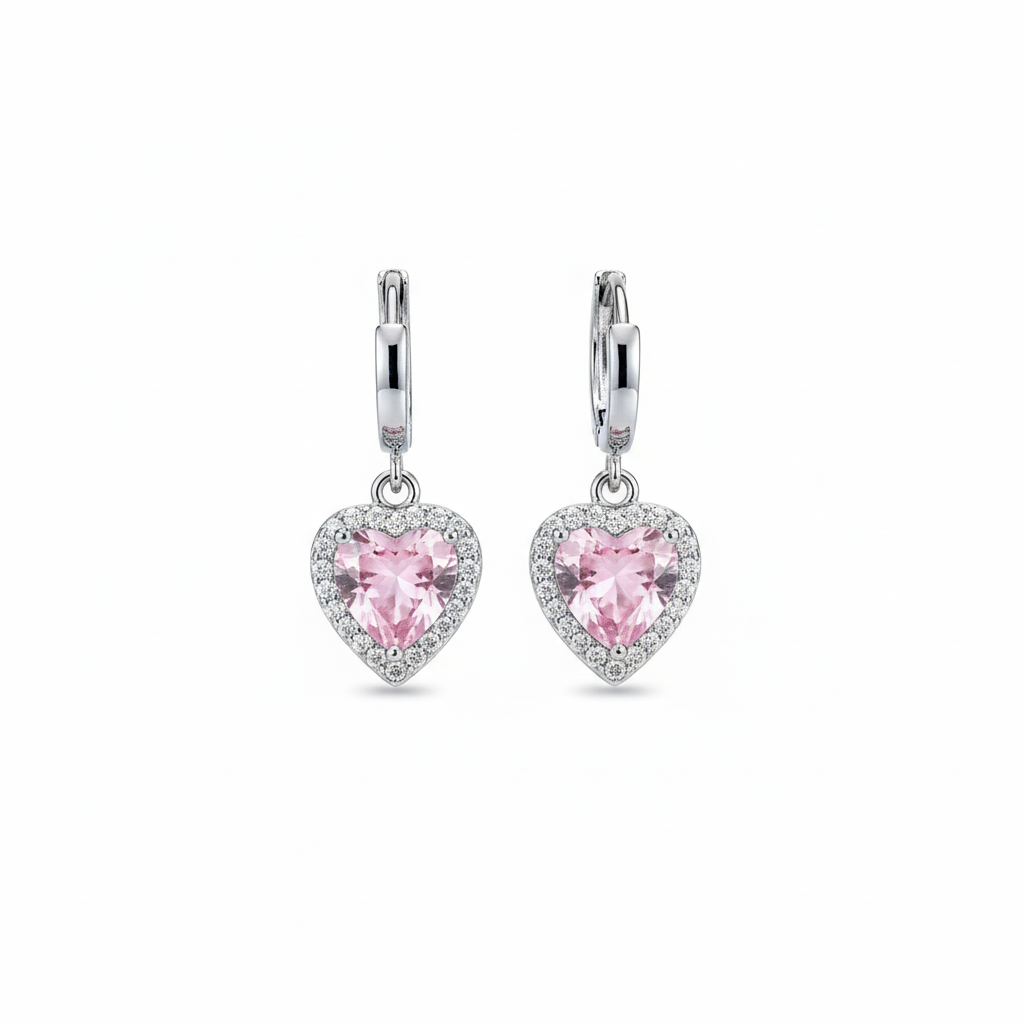 Soft Heart Pink Halo Sterling Silver Drop Earrings