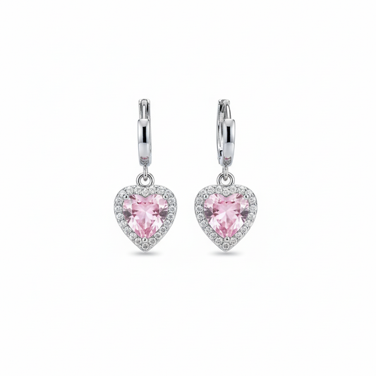 Soft Heart Pink Halo Sterling Silver Drop Earrings