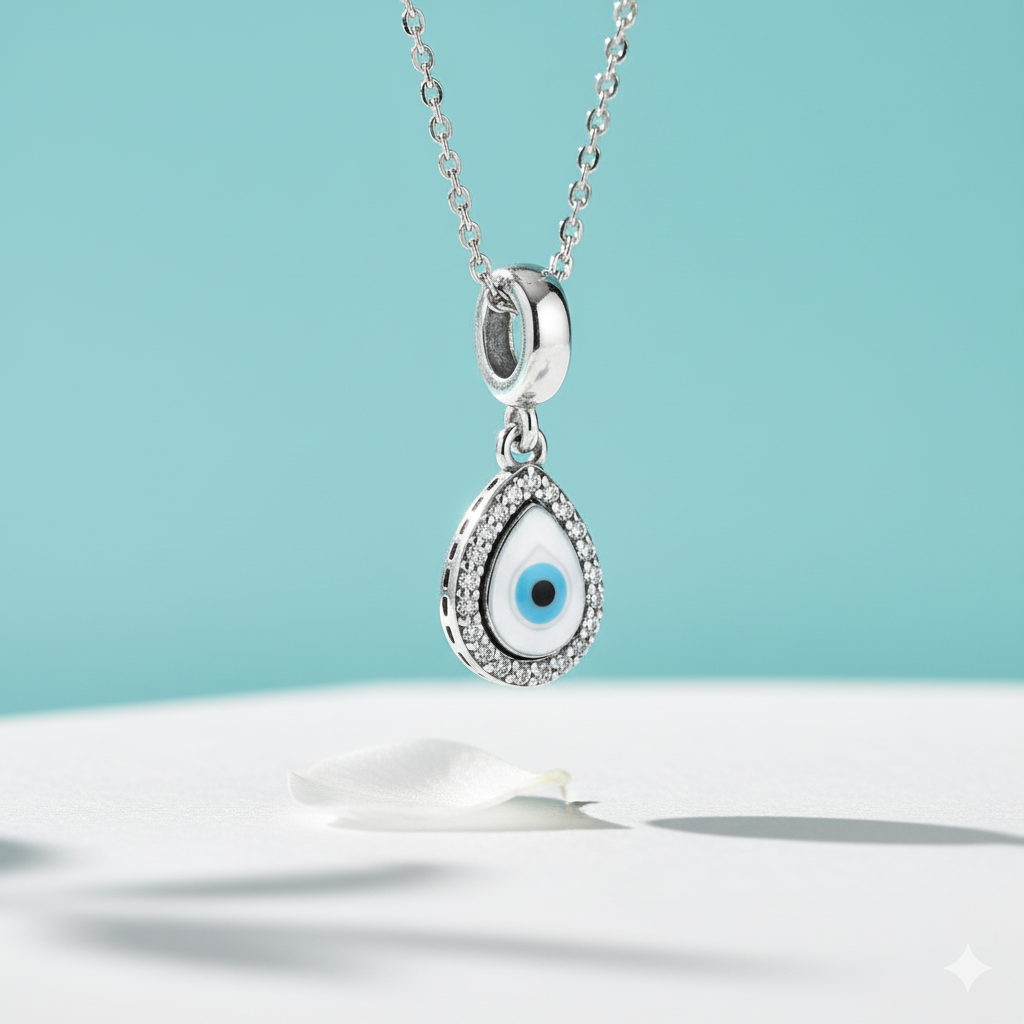 Silver Azure Tear Evil Eye Pendant